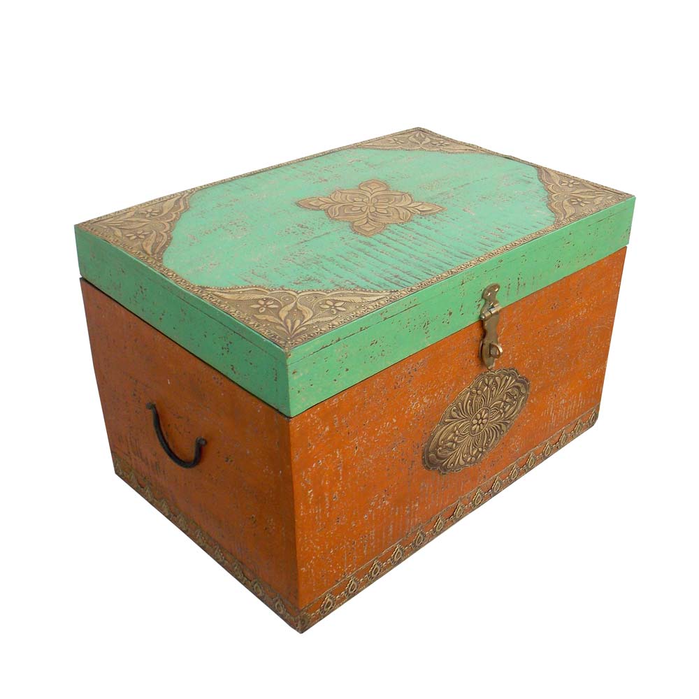 Distressed Painted Wooden Treasure Box With Embossed Brass Art Work