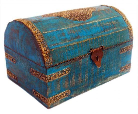 Wooden Box Half Round, Rustic Blue, Embossed Brass Art