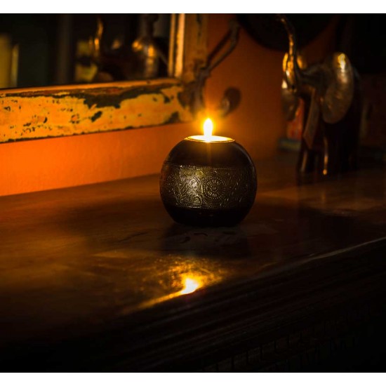 Wooden Tea Light Candle Stand with Embossed Brass Artwork